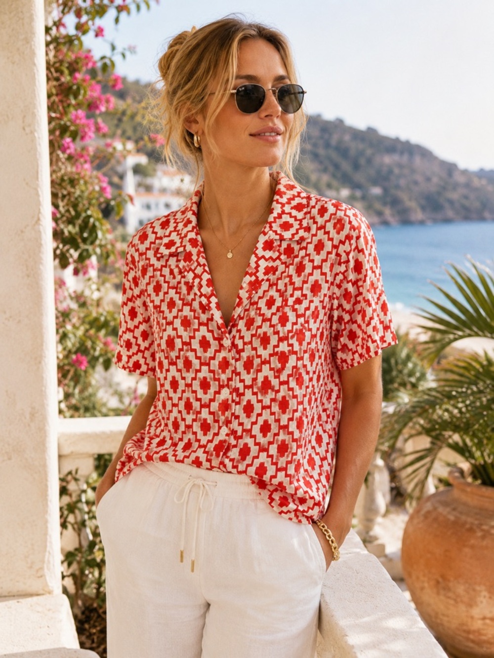 Shade & Shore Women’s Large Red White Geometric Linen Blend Button Front Shirt